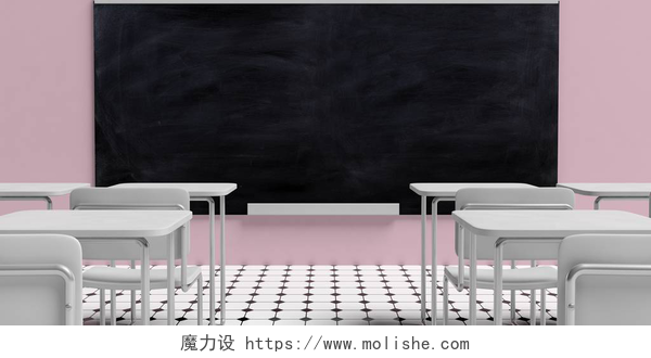 粉色背景墙上的黑板和白色座椅教育理念。黑板在空教室与白色书桌, 对粉红色墙壁背景和黑色和白色八角形瓦片, 3d 例证.